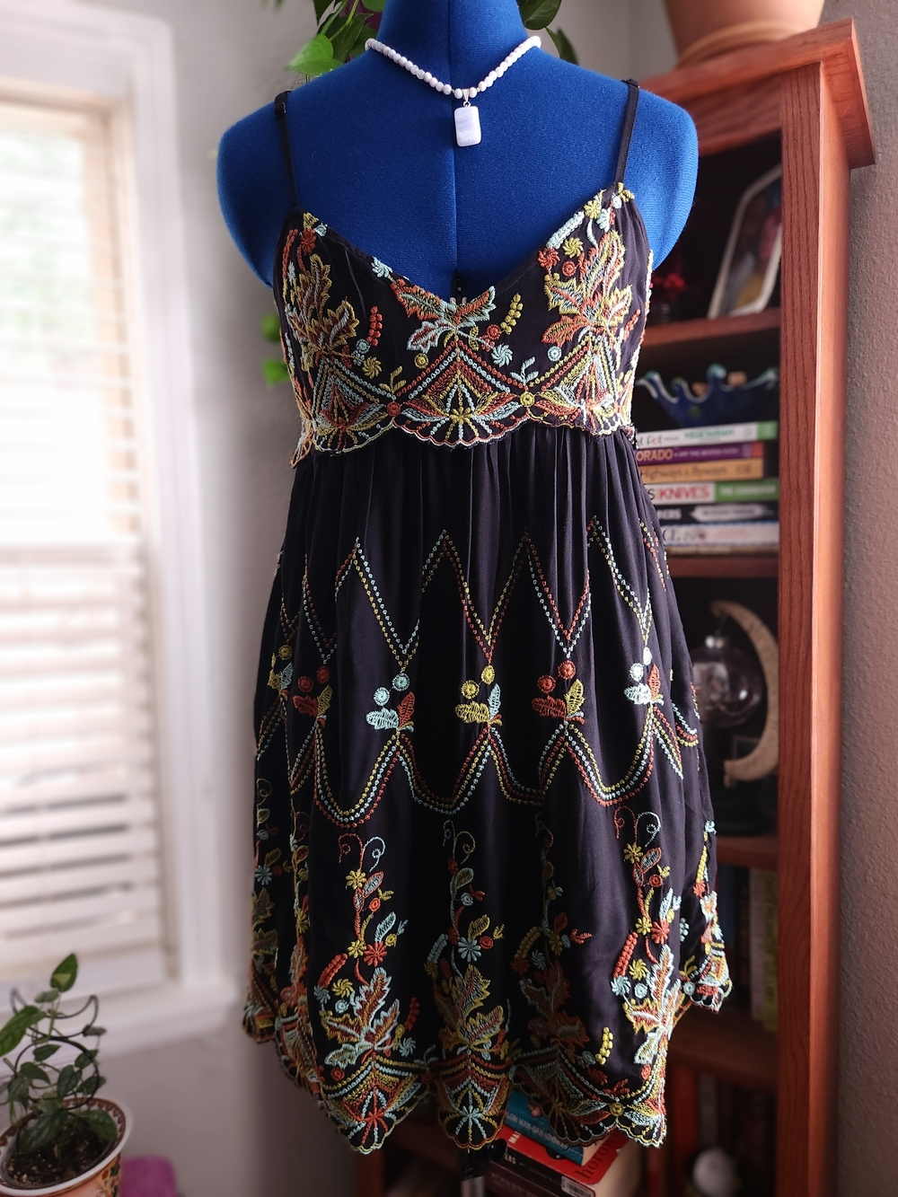 Urban Outfitters Embroidered Babydoll Mini Dress Black Boho Sz M